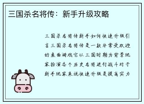 三国杀名将传：新手升级攻略